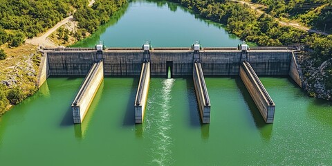 Run-of-river systems harness natural water flow for energy generation, providing an eco-friendly power source. Bold green background.