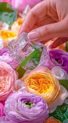 Captivating Close-Up of a Hand Holding an Ice Cube Among Vibrant Roses and Flowers, Showcasing Nature's Beauty and Delicate Textures