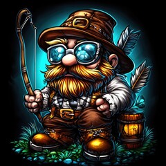 A whimsical gnome character with a fishing rod and barrel, set against a glowing background.