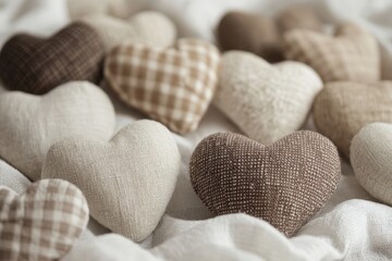Obraz premium Assortment of soft fabric hearts in earthy tones on linen fabric background