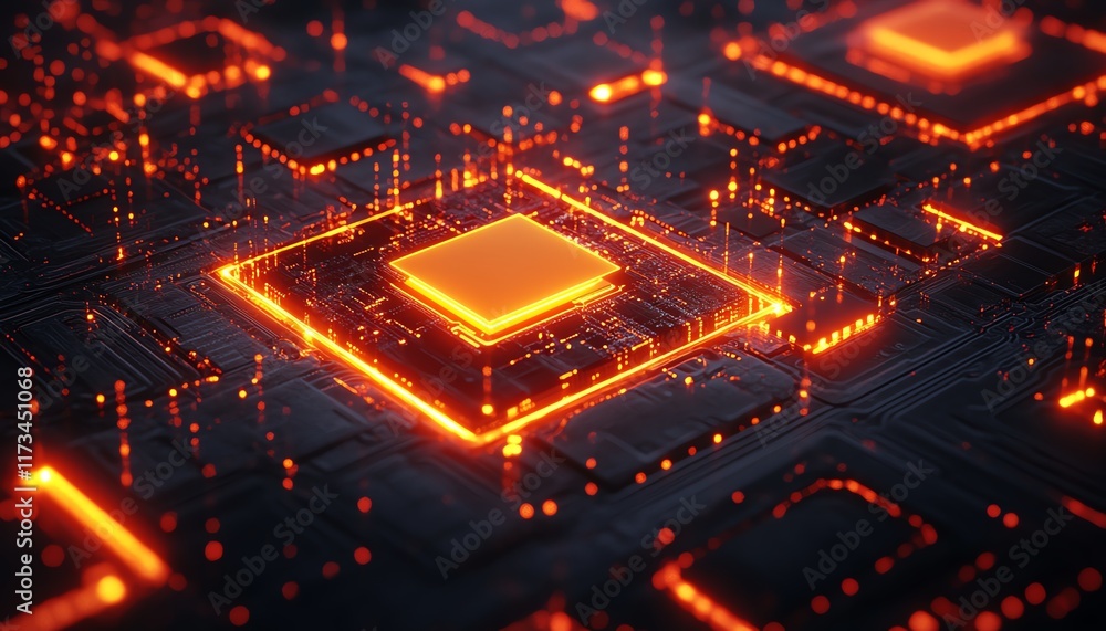 Poster digital yellow and red envelope icons, networking and mail communication, 3d rendering, dark circuit