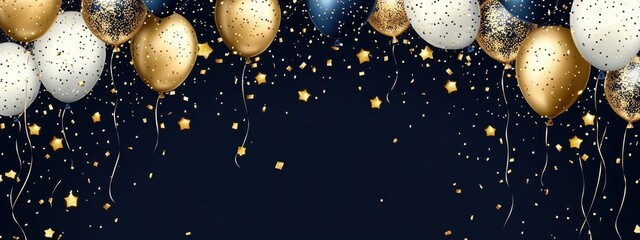Fototapeta premium Festive balloons, gold and navy blue spheres, confetti, celebration backdrop, white background, party decorations, shiny metallic balloons, elegant event design, golden glitter, holiday atmosphere, lu