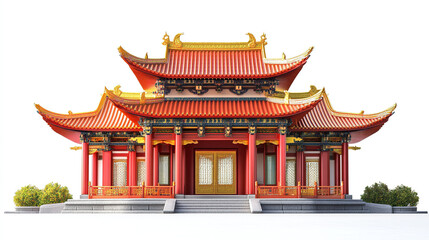 Obraz premium Photograph of a Picturesque Temple with Striking Red and Gold Accents, Highlighting Unique Architectural Features Against a Bright Sky and Lush Greenery to Enhance Its Spiritual Significanc