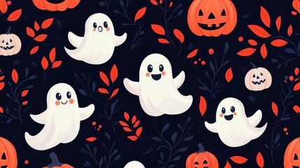 Halloween pattern, cute cartoon ghosts, jack-o-lanterns, falling autumn leaves, dark background, playful spooky design, kawaii style, orange and white on black, seamless repeat pattern, festive holida