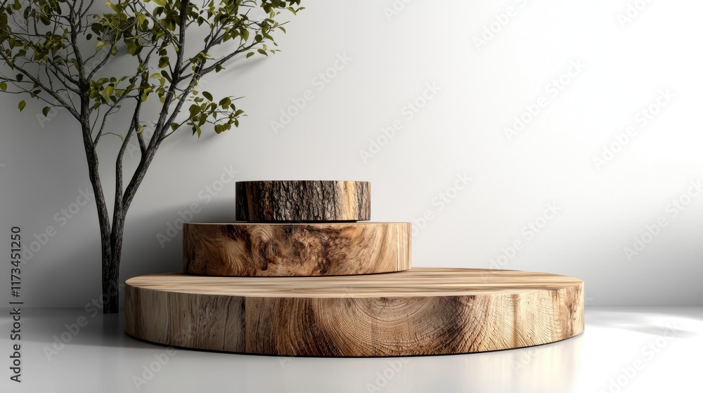 Poster a minimalist display featuring wooden platforms of varying sizes, complemented by a small tree, set 