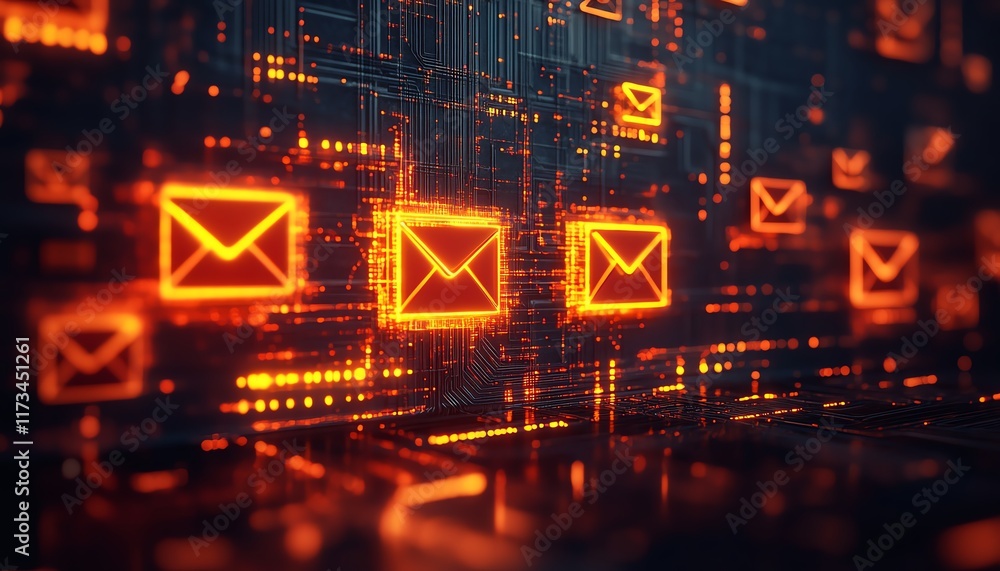 Poster digital yellow and red envelope symbols representing networking and mail communication, dark circuit