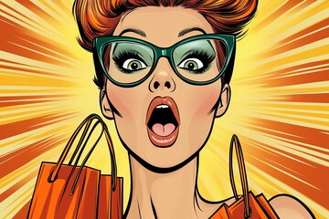 Amazed young sexy woman in glasses with shopping bags in comic style. Pop Art wow girl. Advertising poster with surprised magazine cover female model. 