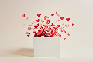 A white gift box bursts with red hearts, symbolizing love and affection.