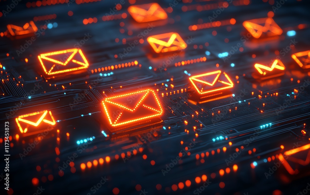 Poster digital networking and mail communication, yellow and red envelope symbols, 3d rendering, dark circu