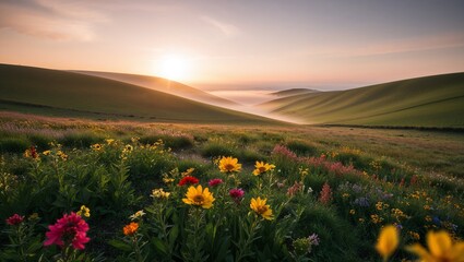 Fototapeta premium Wildflowers in rolling hills at sunrise
