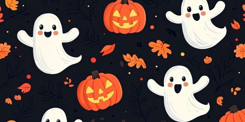 Halloween pattern, cute cartoon ghosts, jack-o-lanterns, falling autumn leaves, dark background, playful spooky design, kawaii style, orange and white on black, seamless repeat pattern, festive holida