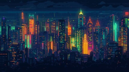 Vibrant neon cityscape at night with illuminated skyscrapers