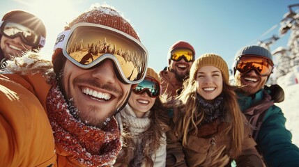 A cheerful group of friends in winter gear smiles for a selfie against a snowy landscape, showcasing their enjoyment of skiing or snowboarding.