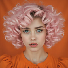 Fototapeta premium Una linda chica de pelo rosa muy rizado en frente de un fondo naranja