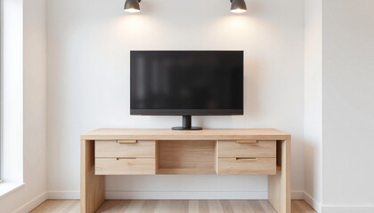 3D TV in Office Setting, Modern television setup on wooden desk against minimalistic wall