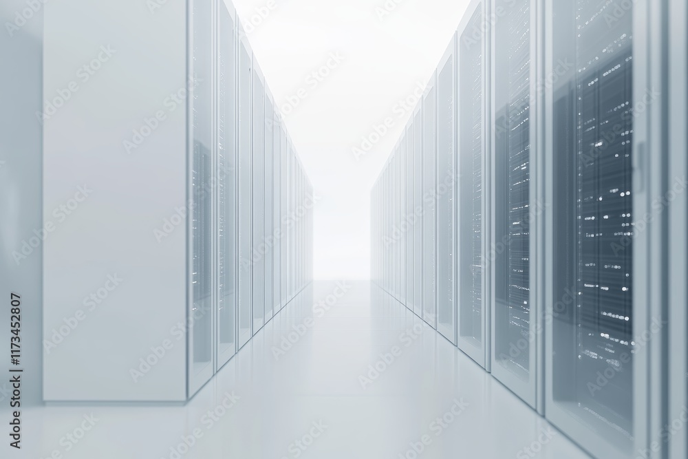 Poster this image showcases a modern data center corridor, featuring high-tech server racks illuminated by 