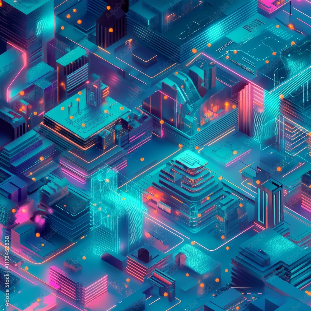 Poster explore a vibrant 3d isometric view featuring a digital landscape with neon lighting, abstract struc