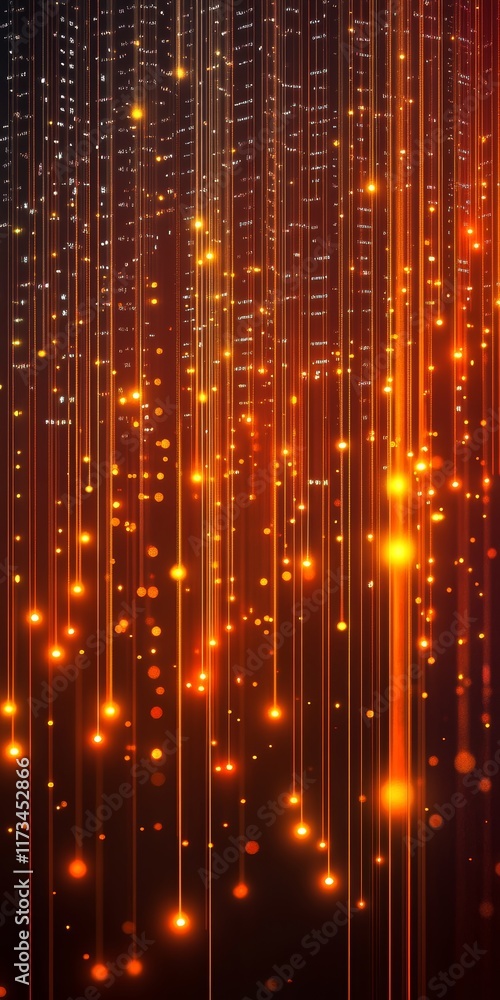Poster dynamic abstract background featuring vertical light streaks and glowing particles in warm orange an