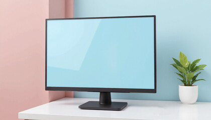 3D TV in Office Setting, Modern computer monitor on white desk against pastel wall