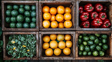 Overhead view of wooden crates filled with vibrant, fresh produce limes, oranges, peppers, and greens.