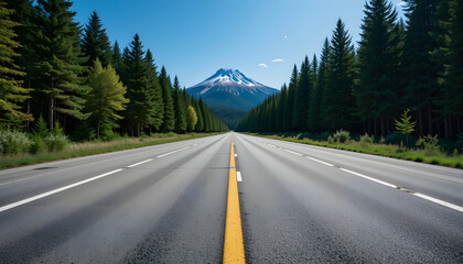 Naklejka premium Straight asphalt road leading towards a snow-capped mountain peak under a clear blue sky, flanked by dense green pine forests on both sides, with a prominent yellow double line marking the