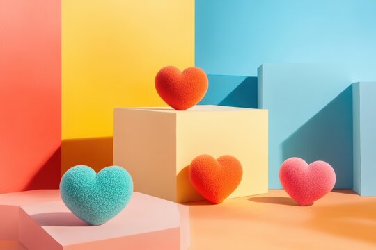 Colorful heart-shaped sculptures on geometric background