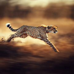 A stunning action shot of a cheetah sprinting across the savannah, showcasing its incredible speed and agility. Known as the fastest land animal, the cheetah's powerful stride and focus are captured i © Sandaru