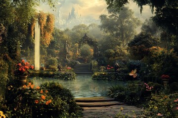 Lush green garden with a fountain in the center. The fountain is surrounded by statues and flowers