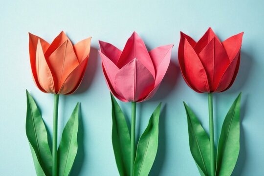 Delicate cut paper origami tulips Close-up view showing texture , craft supplies, paper cutting art