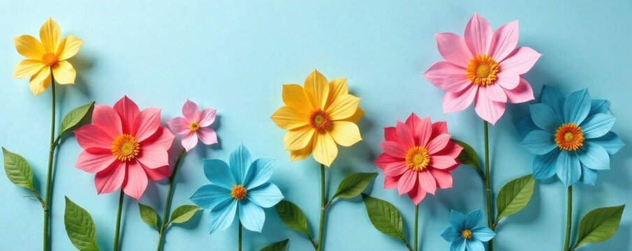 Colorful handmade paper flower bouquet, light blue background, empty center, template, spring, summer