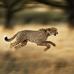 A stunning action shot of a cheetah sprinting across the savannah, showcasing its incredible speed and agility. Known as the fastest land animal, the cheetah's powerful stride and focus are captured i