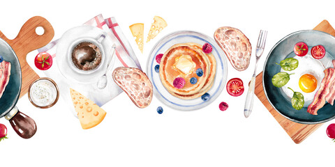 Watercolor scrambled egg with fried bacon, beans, pancakes, coffee, toast seamless border on white
