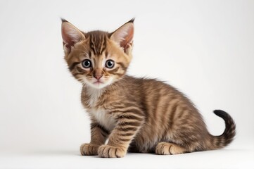 Adorable brown tabby kitten sitting on white background.