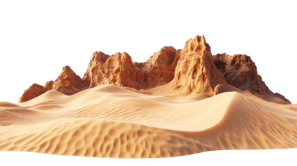 Sandy desert landscape featuring large rock formations isolated on white background. Suitable for marketing or business purposes. PNG file