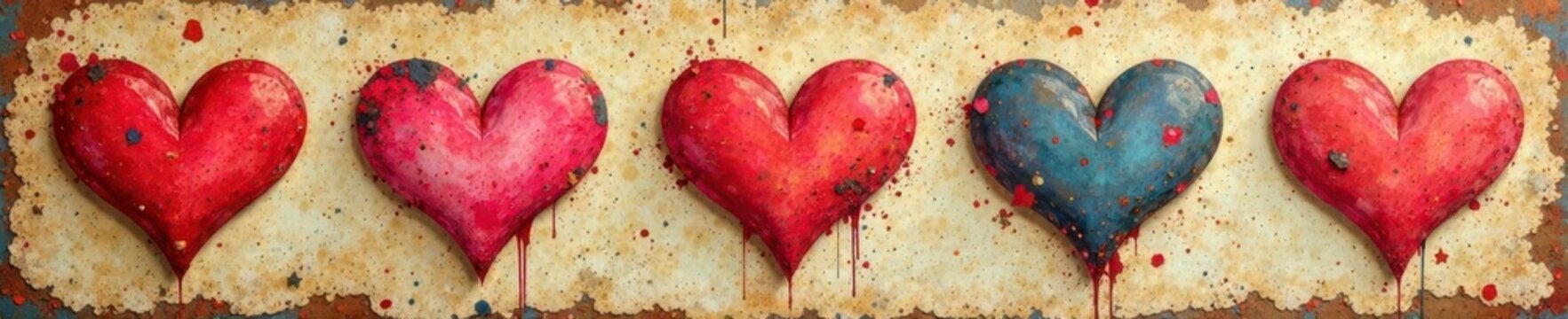 Abstract love symbols, uneven lines, distressed texture, vintage feel Rough, charming style , retro, cute