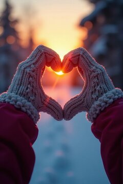 Winter gloved hands forming heart shape at sunset , closeup, nature, photo