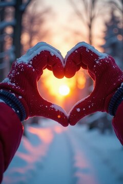 Winter gloved hands forming heart shape at sunset , romance, nature