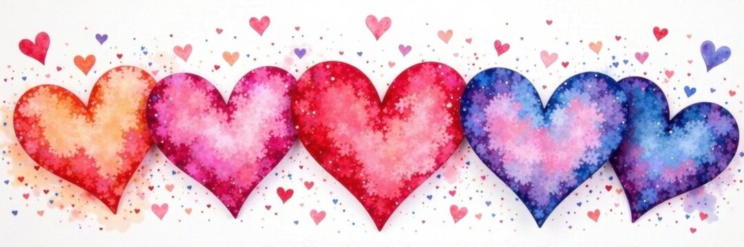 Vibrant watercolor & acrylic hearts, various shades, white background , valentines, decor, purple