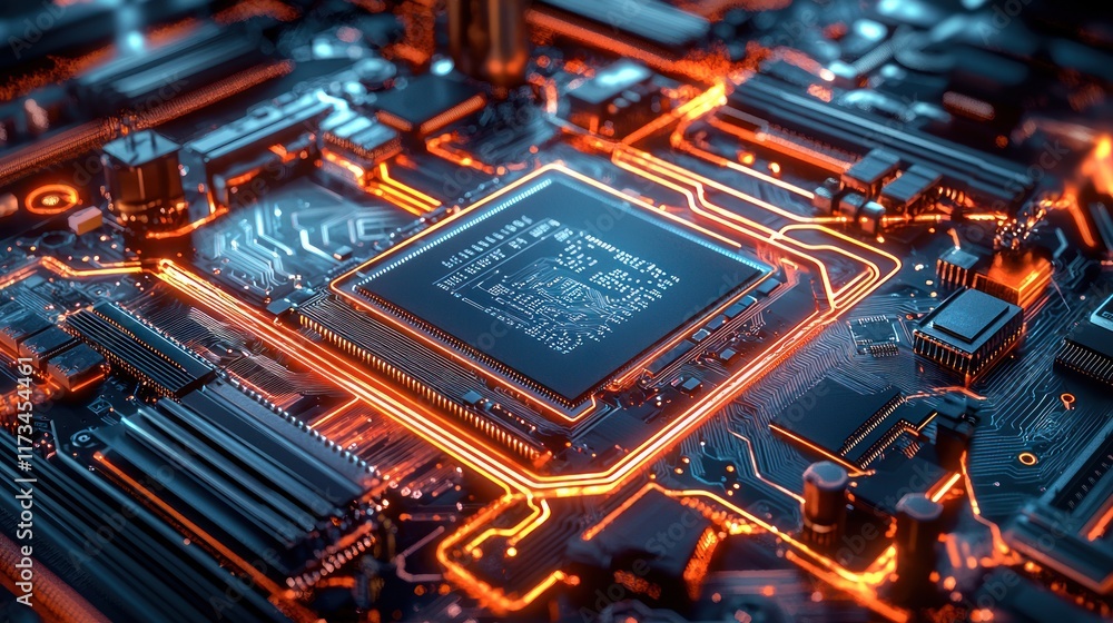 Poster illuminated circuitry: a close-up of a computer motherboard's intricate design