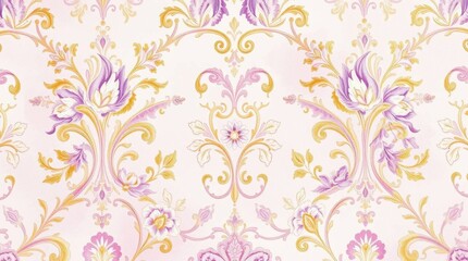 Intricate floral pattern adorns a soft pastel background, creating a vintage-inspired textile atmosphere