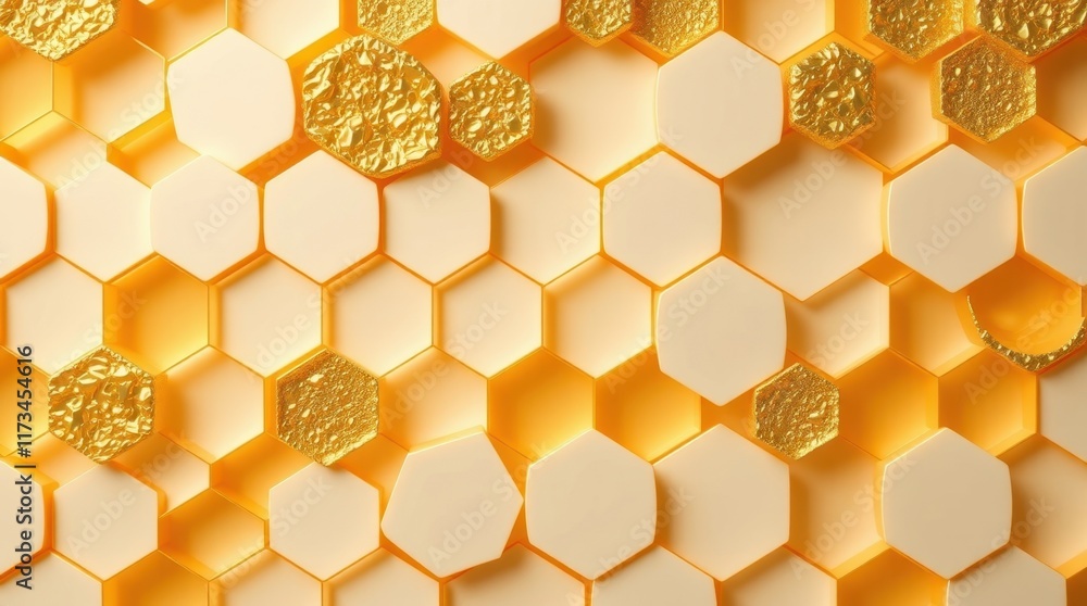 Poster Intricate pattern of hexagonal shapes in warm shades of gold and cream creating a visually stunning abstract design