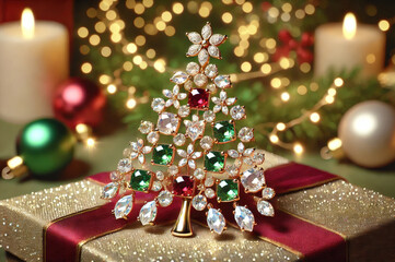 Weihnachtsbaum-Brosche mit Kristallen und Weihnachtsgeschenk vor weihnachtlichem Hintergrund