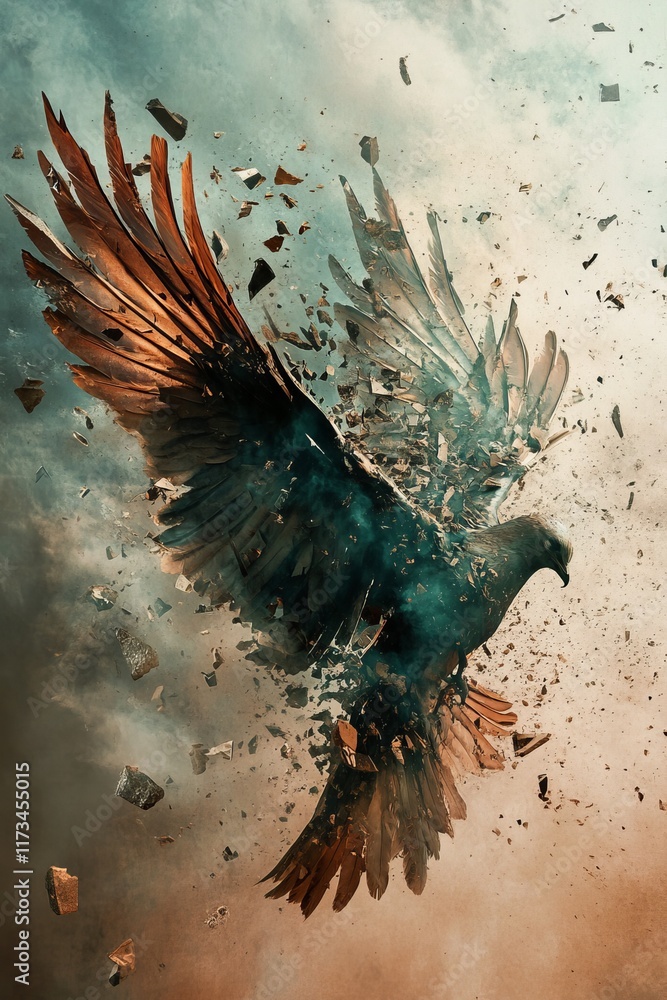 Poster abstract depiction of a bird in flight with dynamic colors and shattered elements, symbolizing freed