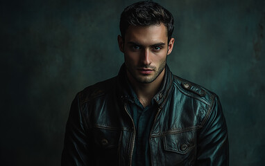 Obraz premium Dramatic studio portrait of a man in a leather jacket, illuminated by moody lighting, creating a bold and intense atmosphere.