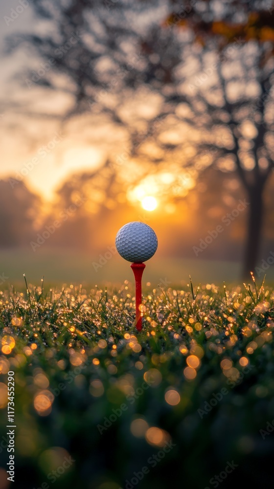 Poster golf ball resting on a tee on a lush green course at sunrise with dew drops sparkling in the golden 