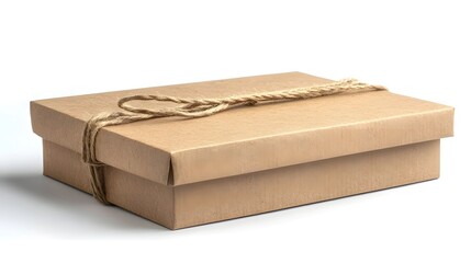 Simple Brown Cardboard Box Tied with Twine Rope on White Background