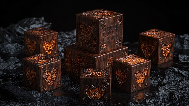 Intricate Wooden Cubes with Heart and Number Designs, Dark Background