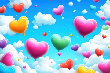 Colorful heart balloons floating in blue sky with fluffy clouds
