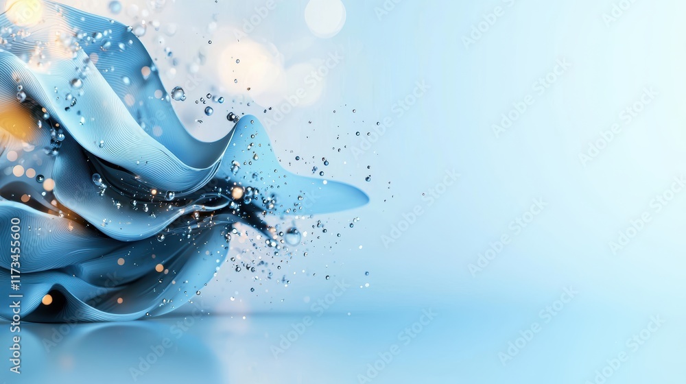 Poster a serene blue wave-like structure with sparkling droplets, creating an artistic and calming atmosphe