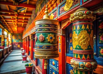 Naklejka premium Ornate Tibetan Prayer Wheel, Close-Up Candid Shot, Spiritual Symbol, Buddhist Culture, Himalayan Art